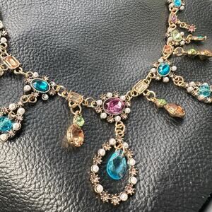 Glam Glitzy Regency Victorian Aesthetic Multi-color Gemstone Gold Tone Necklace
